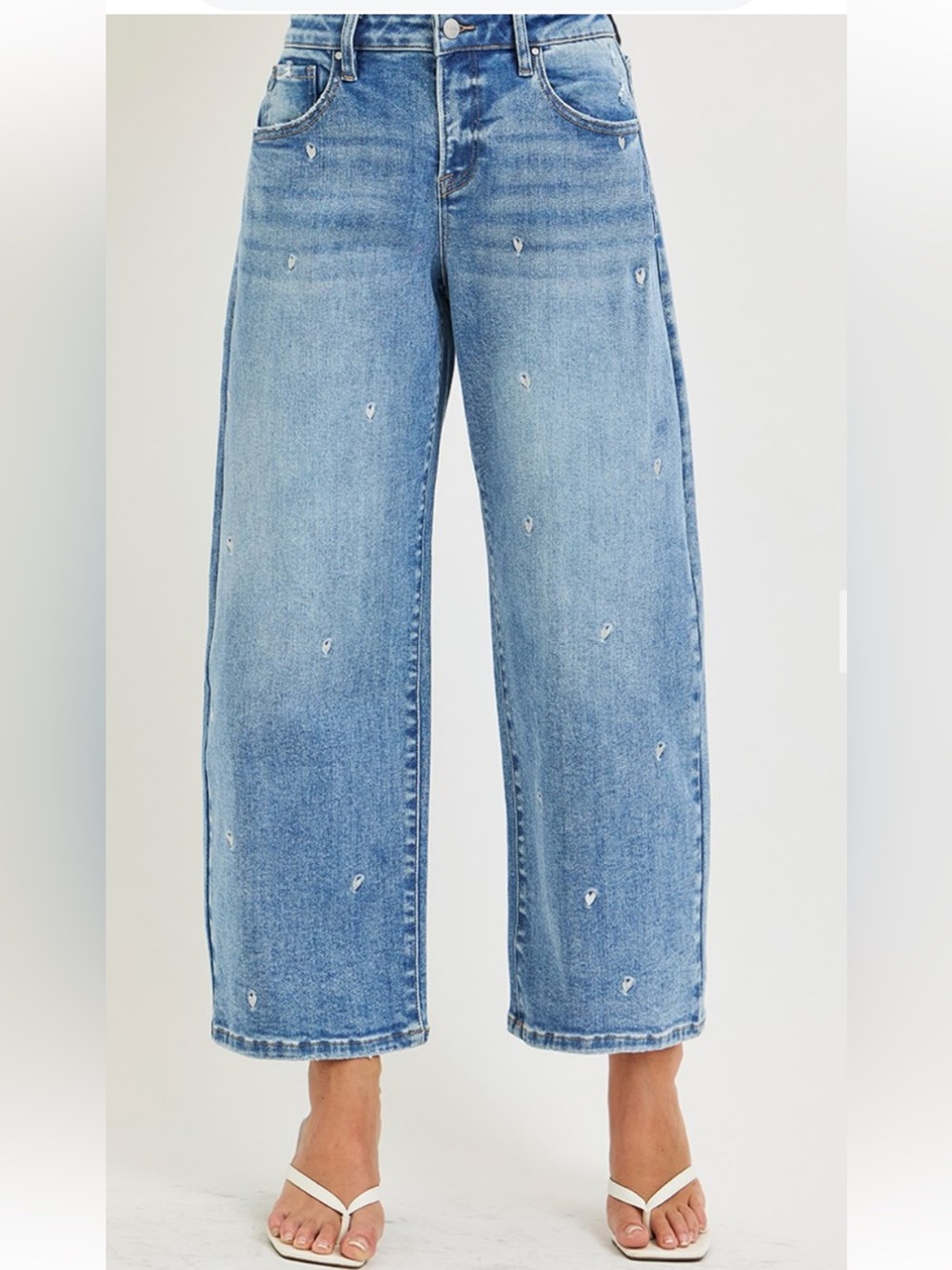 Wide Leg Heart Embroidered Light Blue Women's Jeans